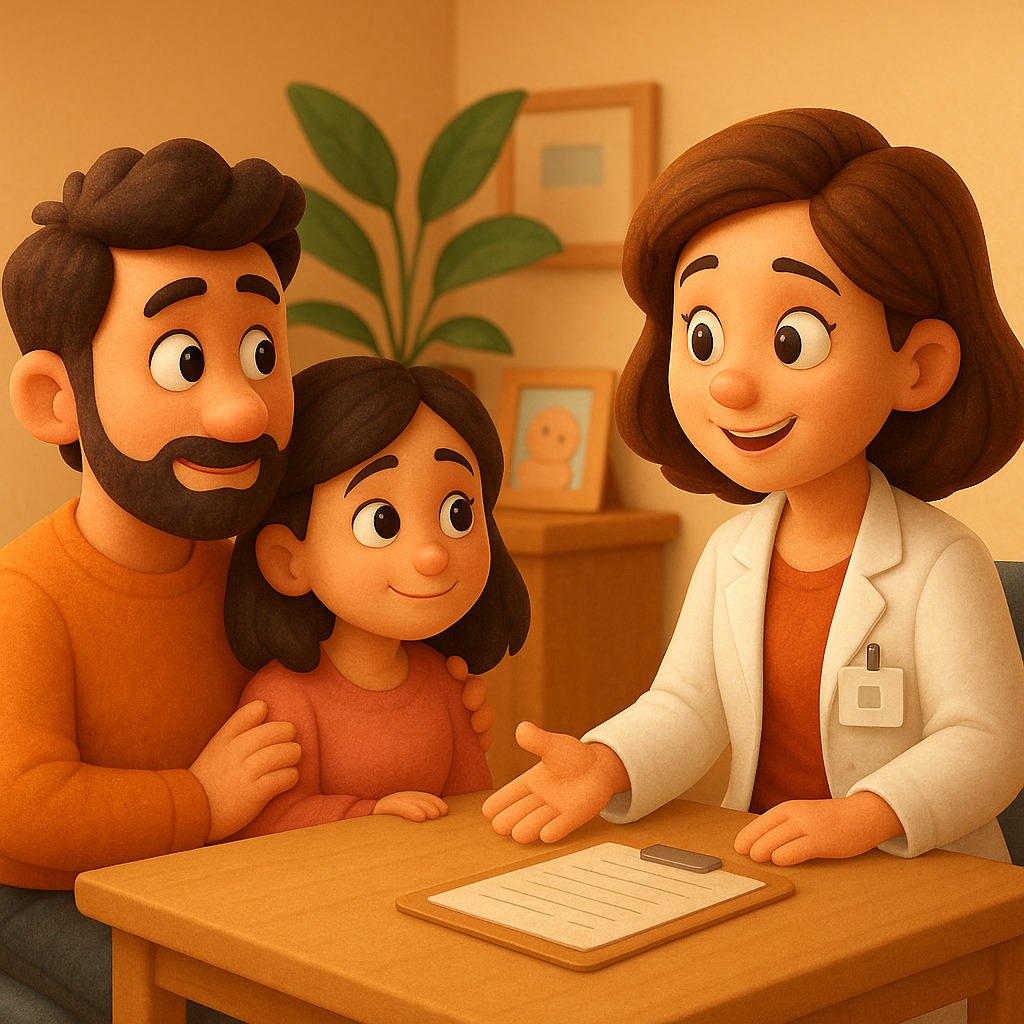 Pixar-style illustration of a couple with a counselor